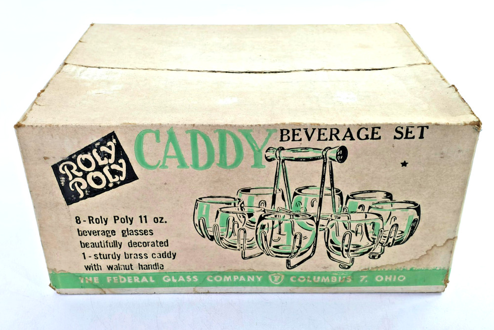 Vintage Federal Glass Roly Poly Caddy Beverage Glass Set Roman Coins